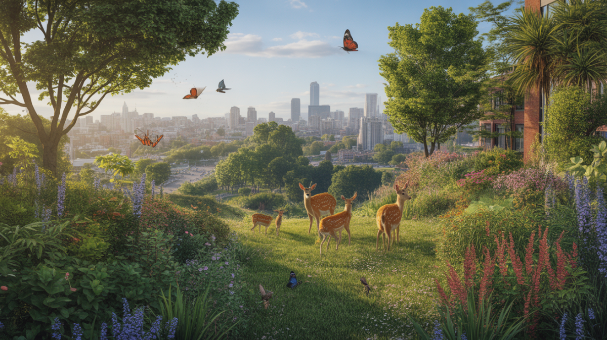 Comment favoriser la cohabitation entre humains et animaux ? Illustration of the coexistence between humans and wildlife through sustainable practices and education.
